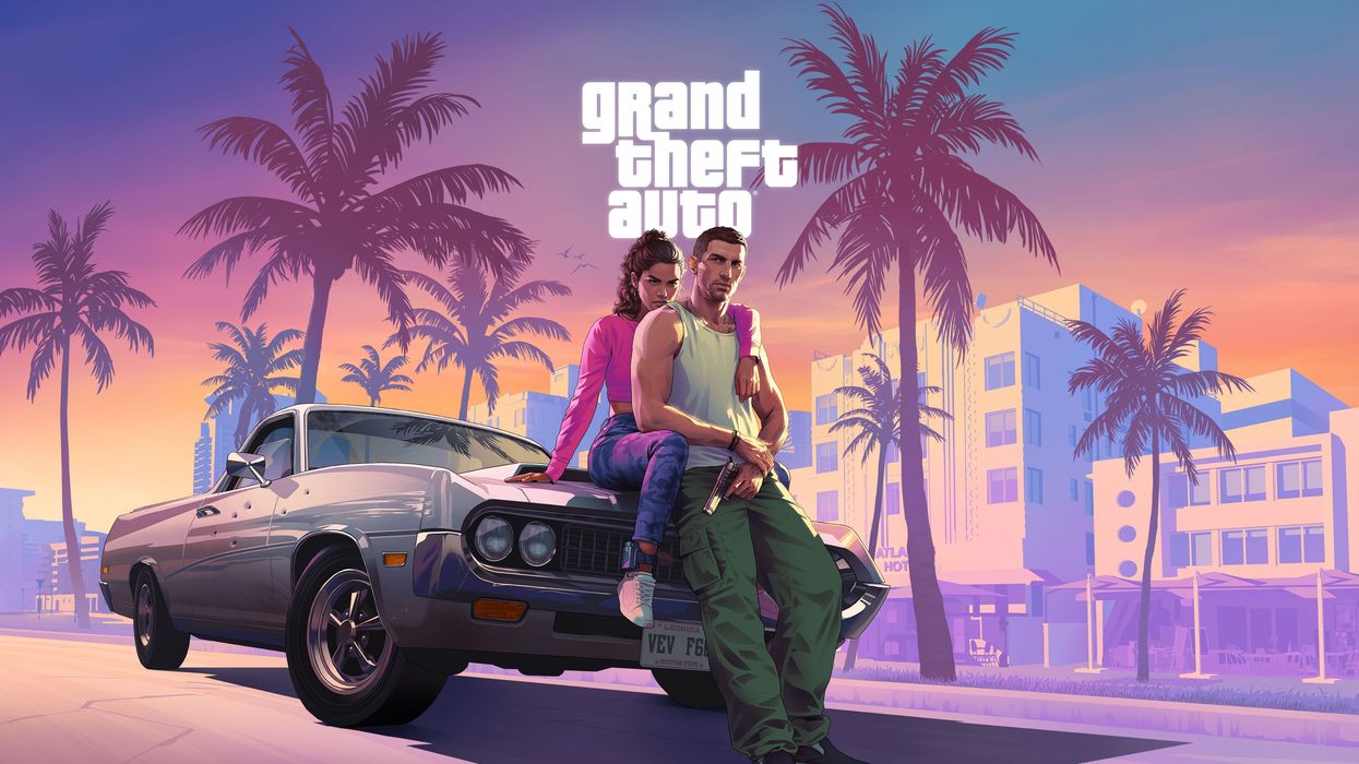 promotional image for gta 6 shows the two main protagonists sat on the bonnet of a car holding a pistol with palm trees and in the pink background