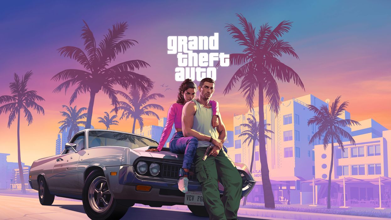 promotional image for gta 6 shows the two main protagonists sat on the bonnet of a car holding a pistol with palm trees and in the pink background