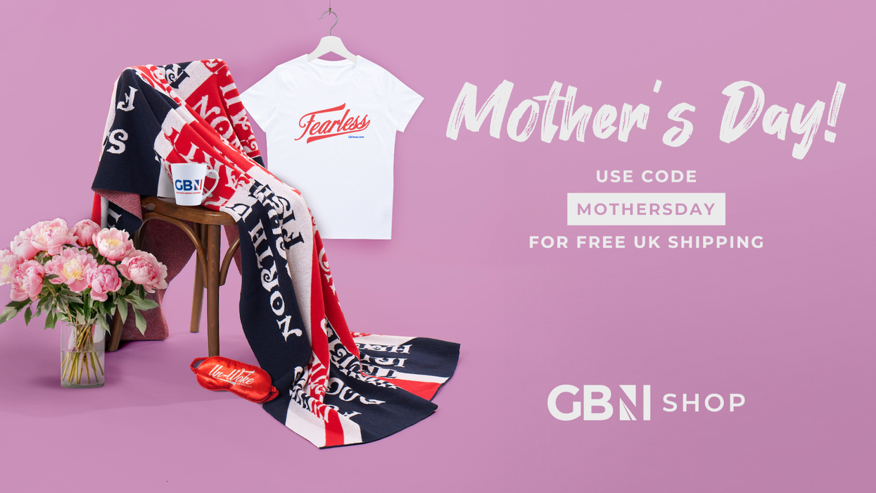 promotional image for mothers day with eye-mask, gbn studio mug, and fearless t-shirt on a pink background