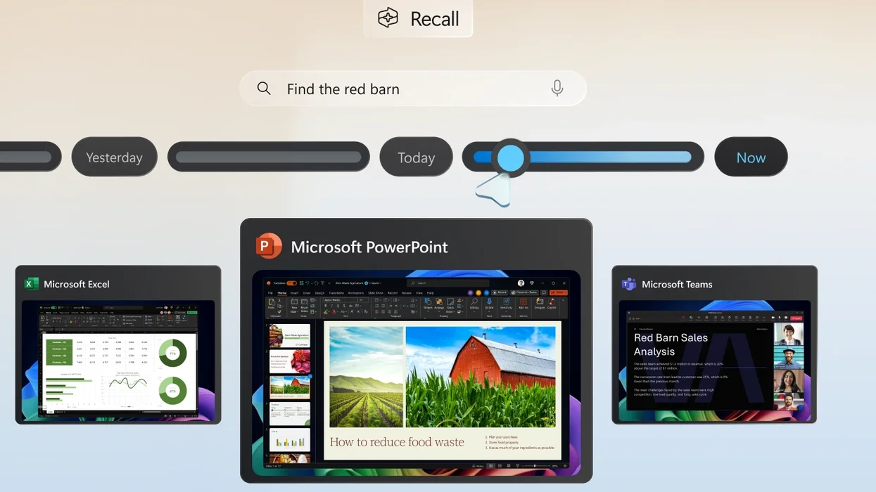 promotional image for Recall in Windows 11 showing a flurry of screenshots with the timeline searching through them looking a photo of a red barn