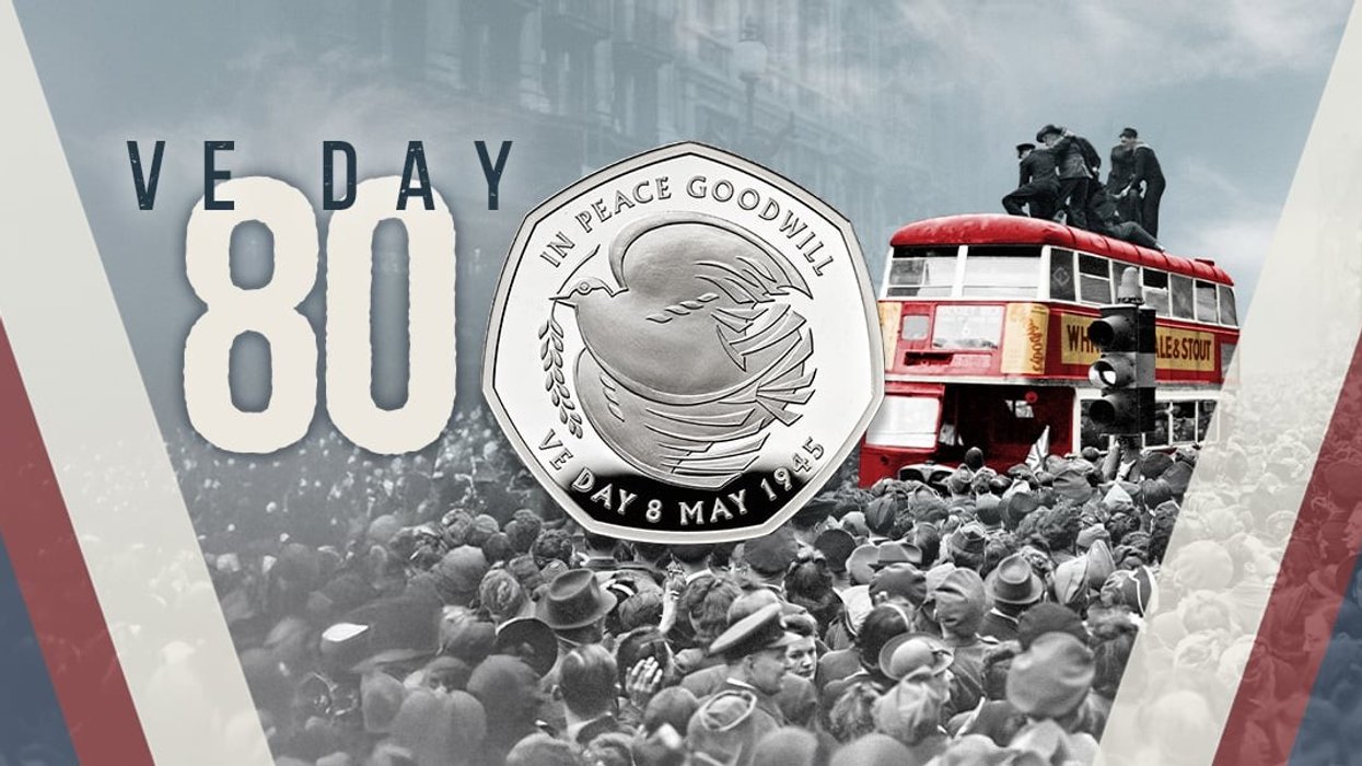 promotional image of the VE Day coin released by the Royal Mint with black and white imagery