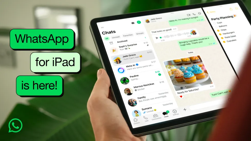 promotional image showing whatsapp ipad app on-screen with split-screen view