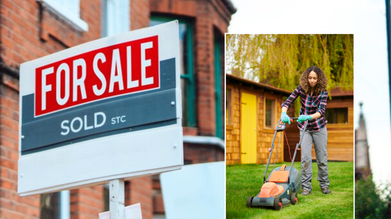Property for sale / woman mowing lawn