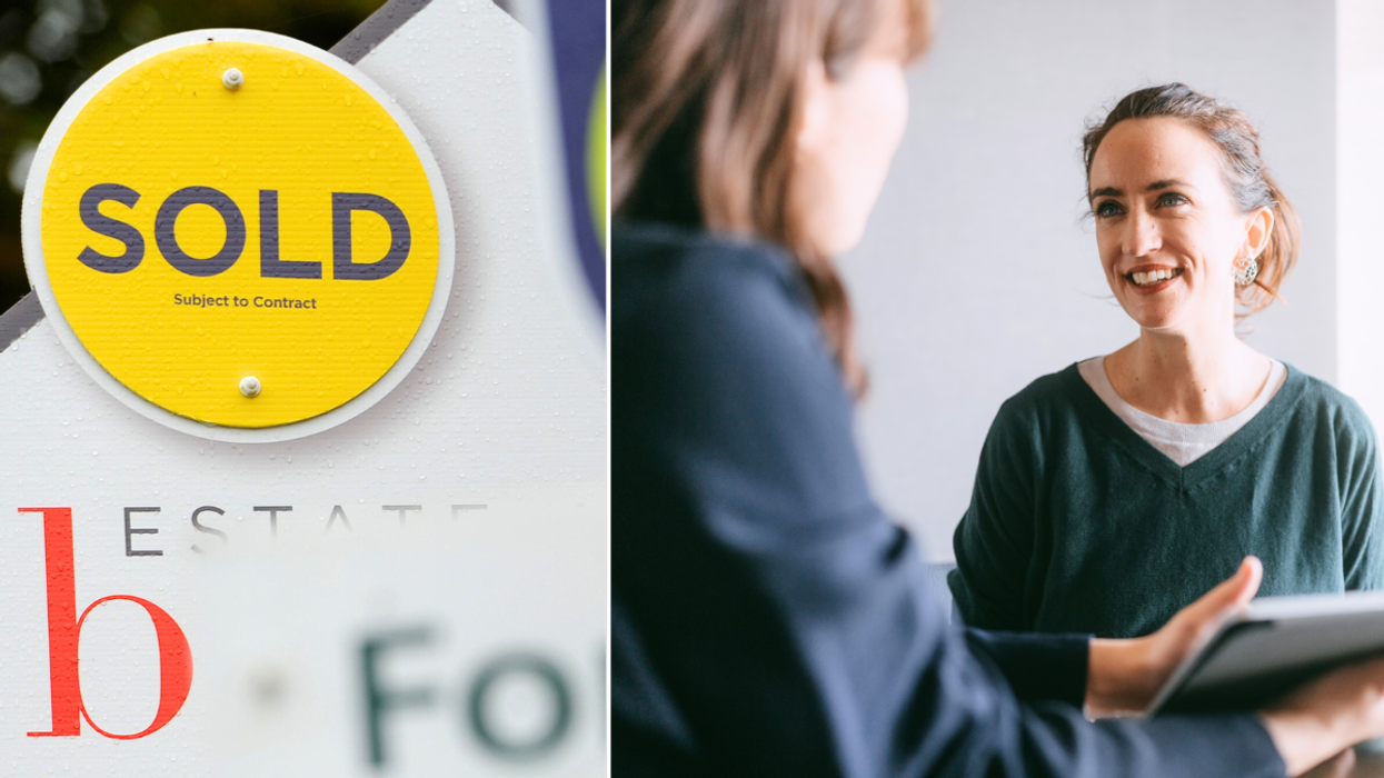Property sold sign / estate agent talking to woman