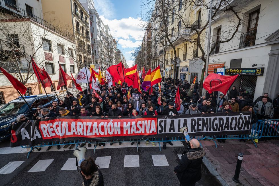 Protesters against the measure hold a banner reading: 'No to regularisation, yes to remigration'\u200b