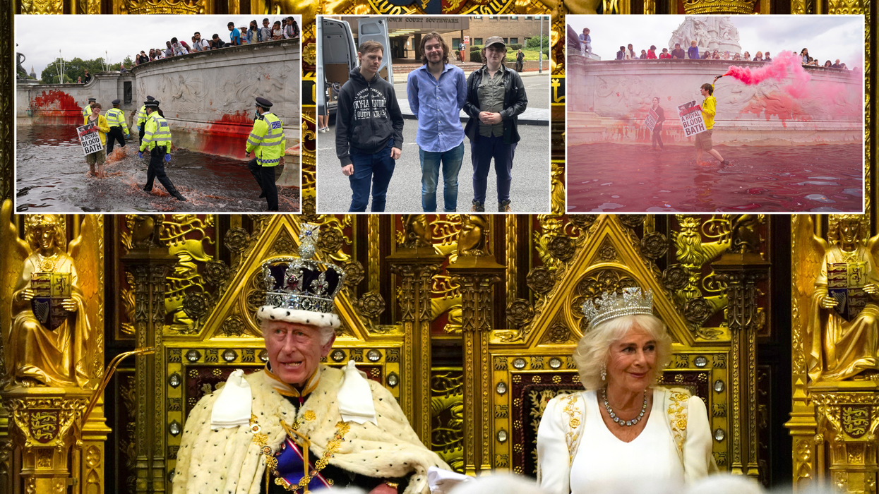Protesters at fountain/Protesters at Southwark Crown Court/King Charles and Queen Camilla