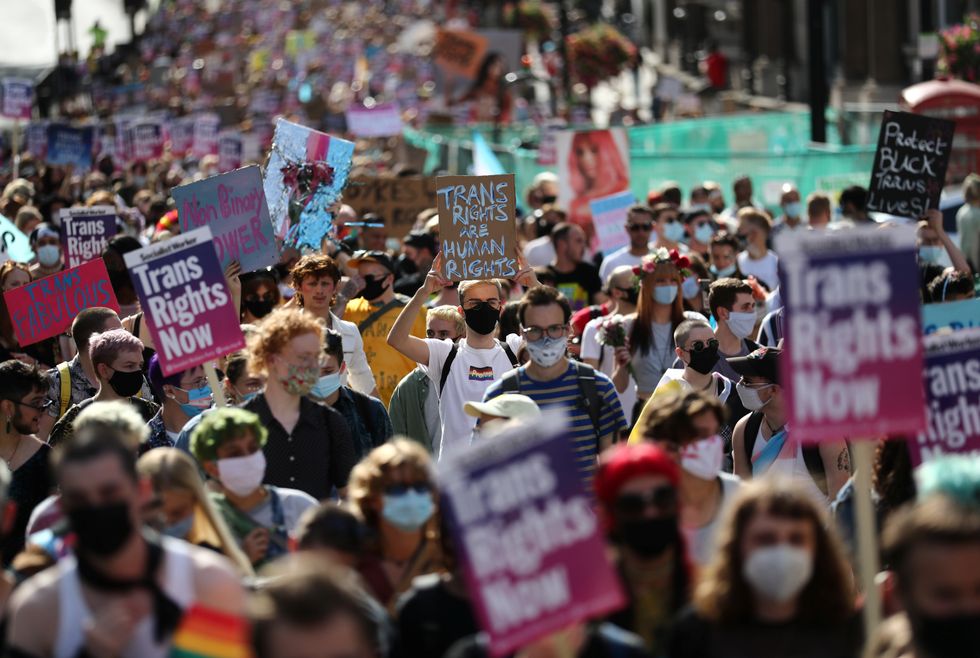 Protesters attend the London Trans Pride 2020 march, in London, Britain September 12, 2020.