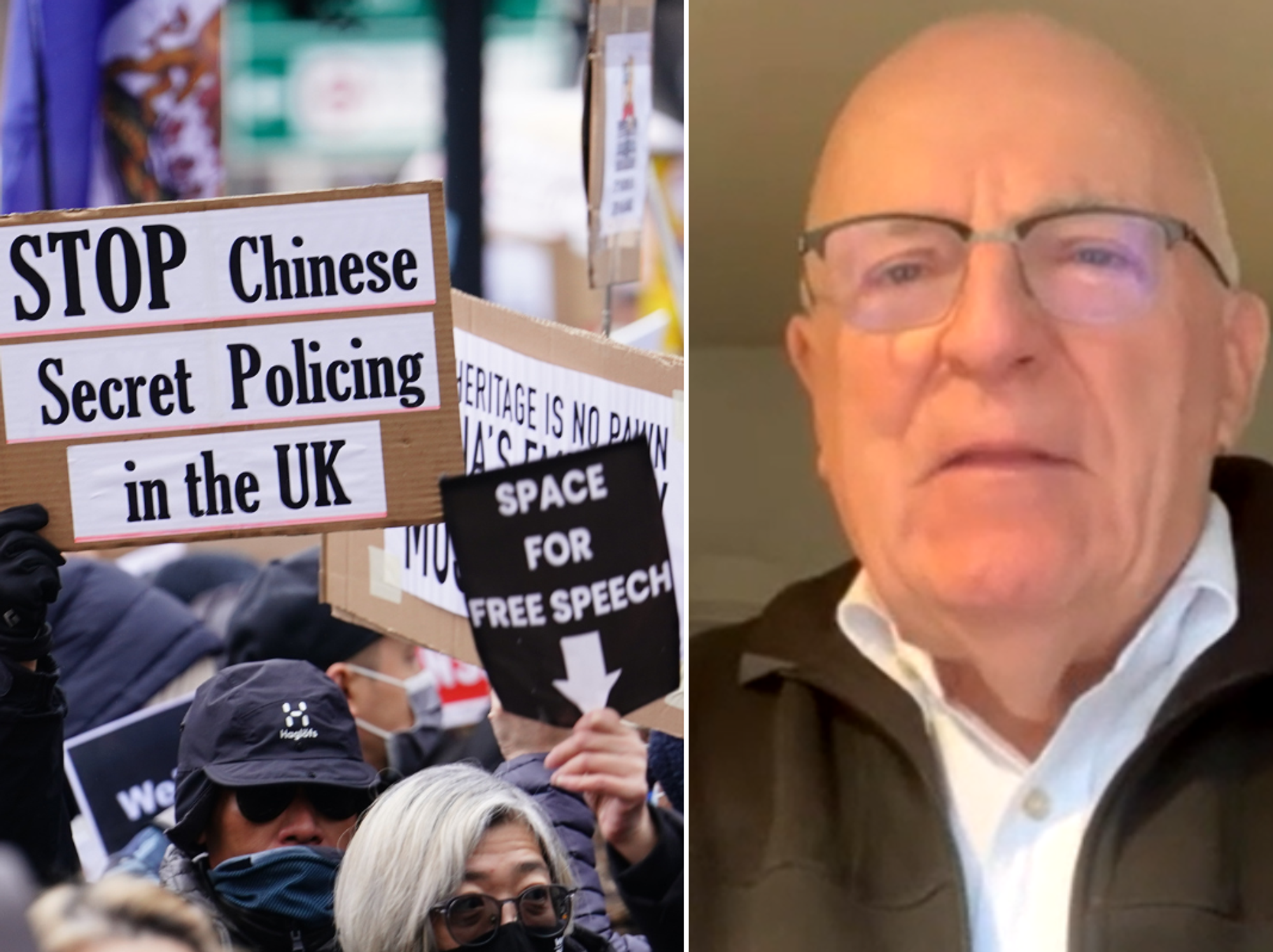 Protesters demonstrating against Chinese super-embassy earlier this year in February; Sir Richard Dearlove on GB News