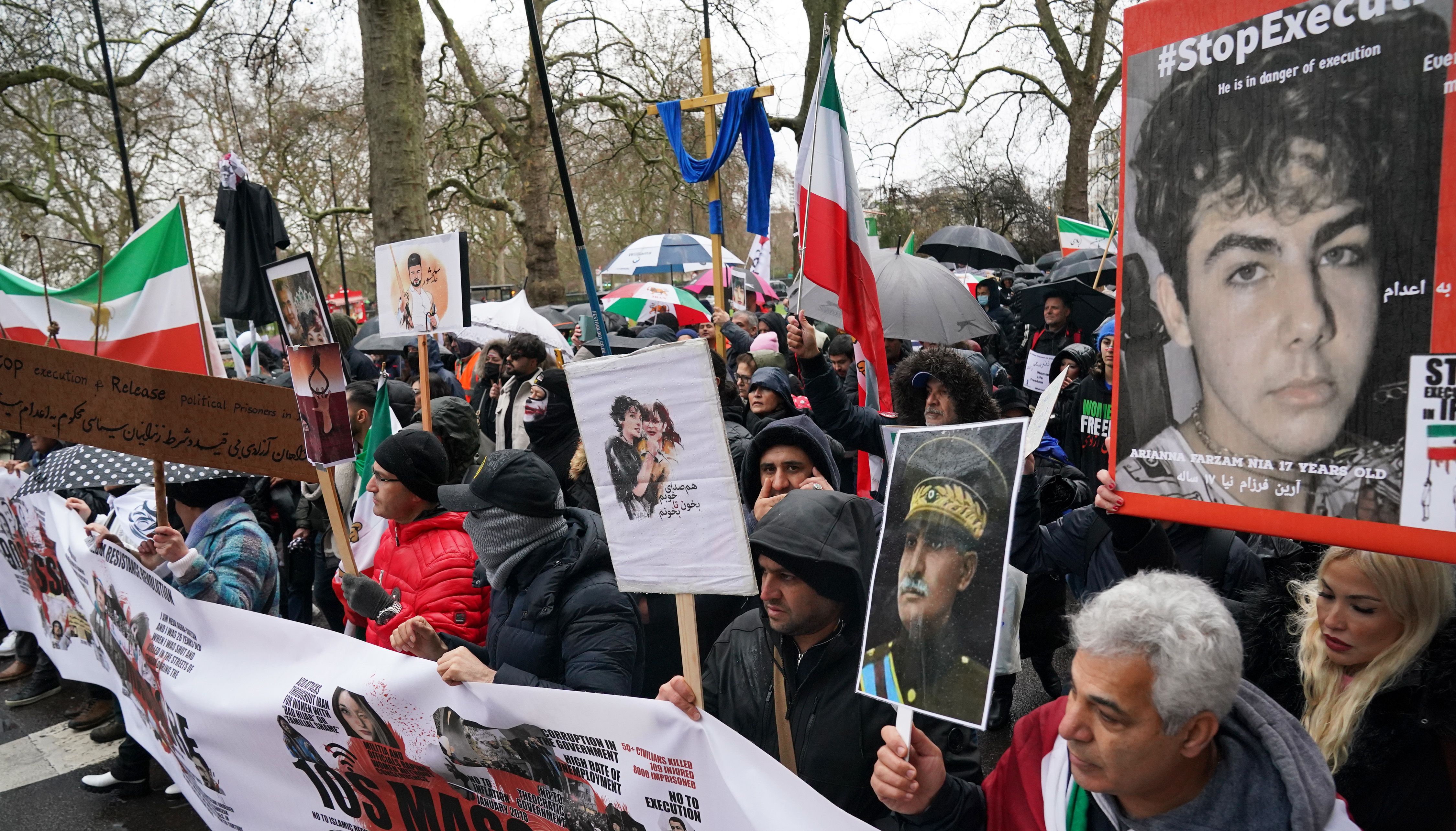 Protesters gather at Marble Arch in London before they march to Trafalgar Square to protest against the Islamic Republic in Iran following the death of Mahsa Amini. Picture date: Sunday January 8, 2023.