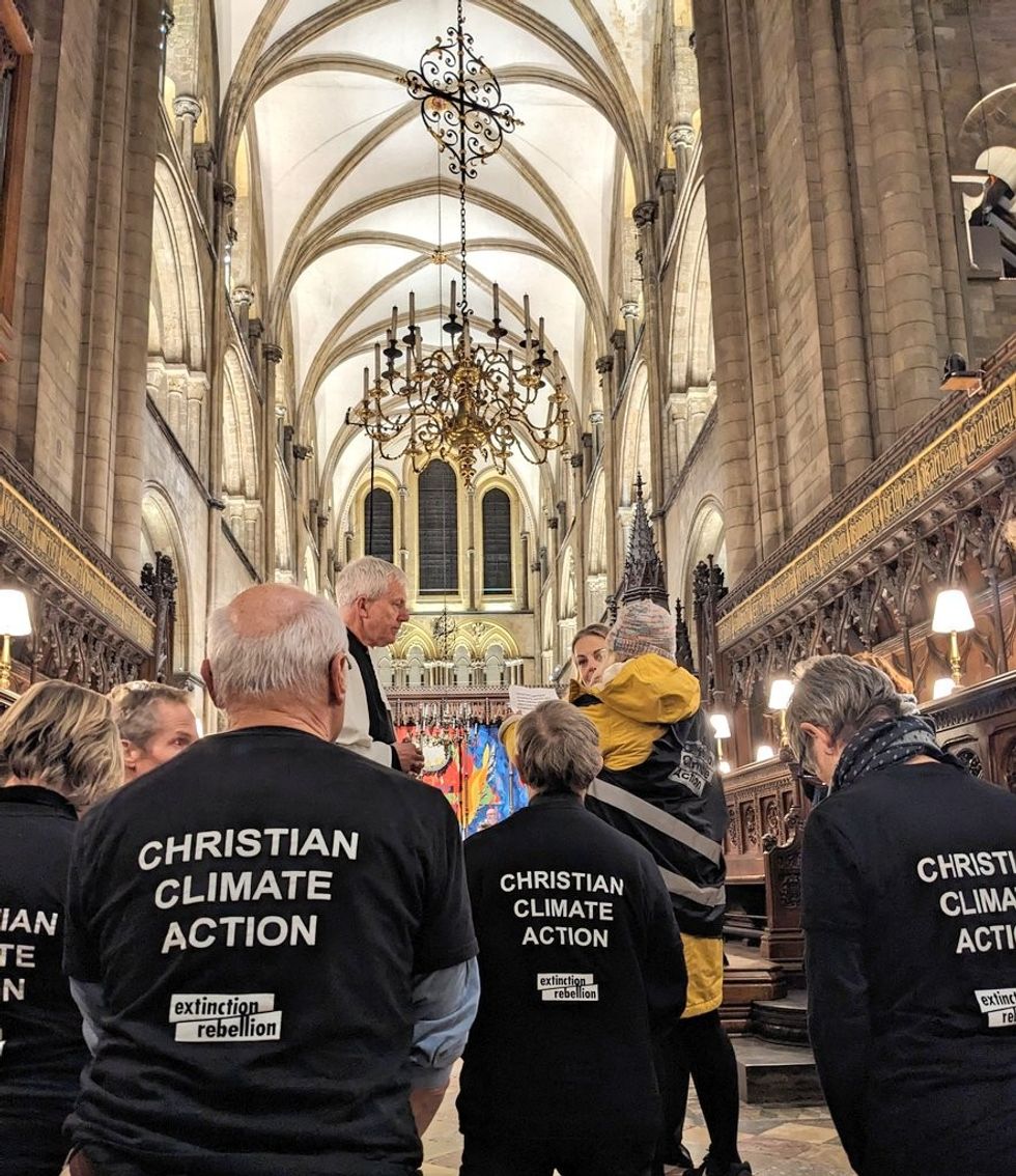 Protesters in a church