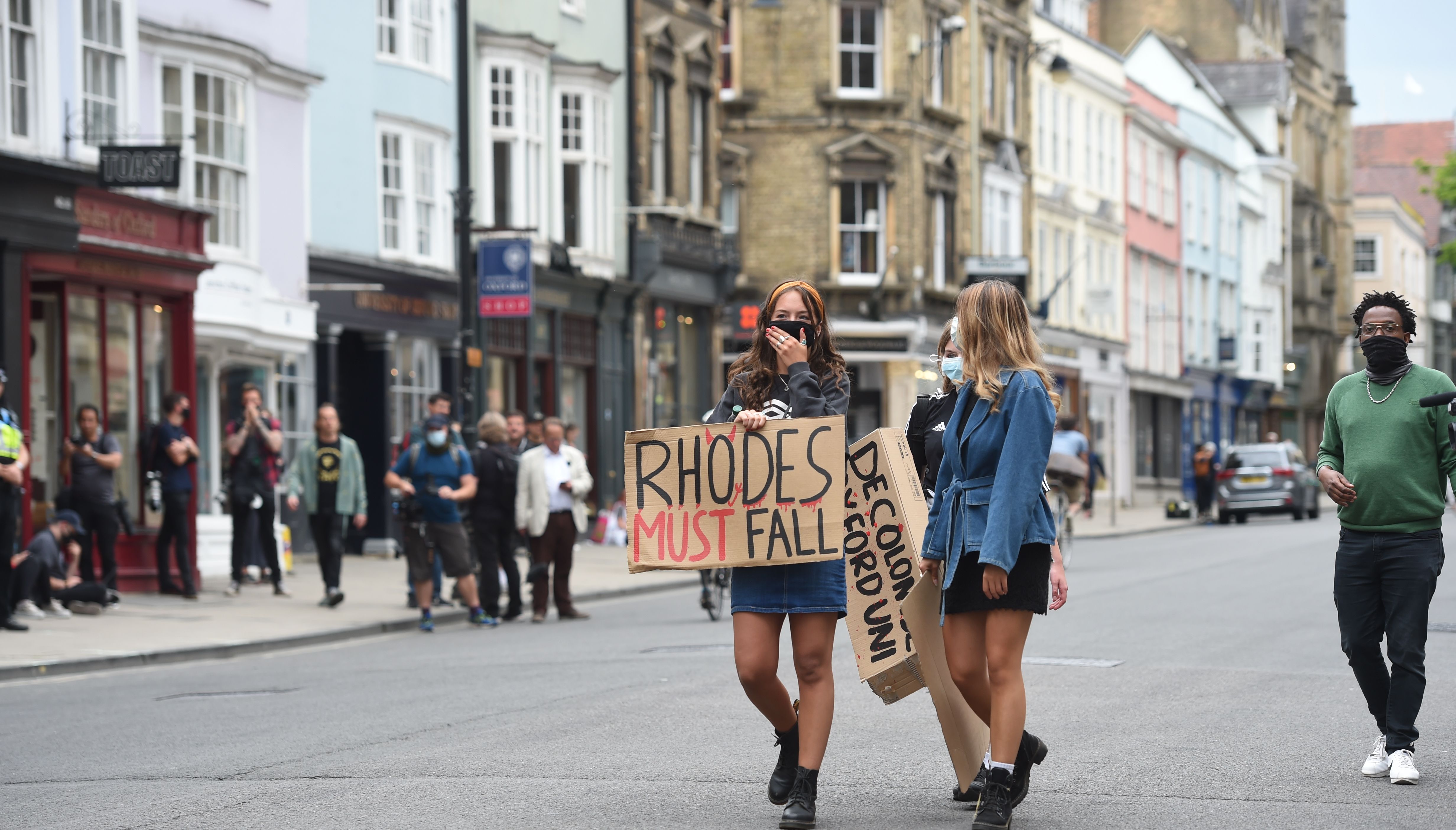 Protesters in Oxford, during a protest calling for the removal of the Cecil Rhodes statues from the Oriel college.