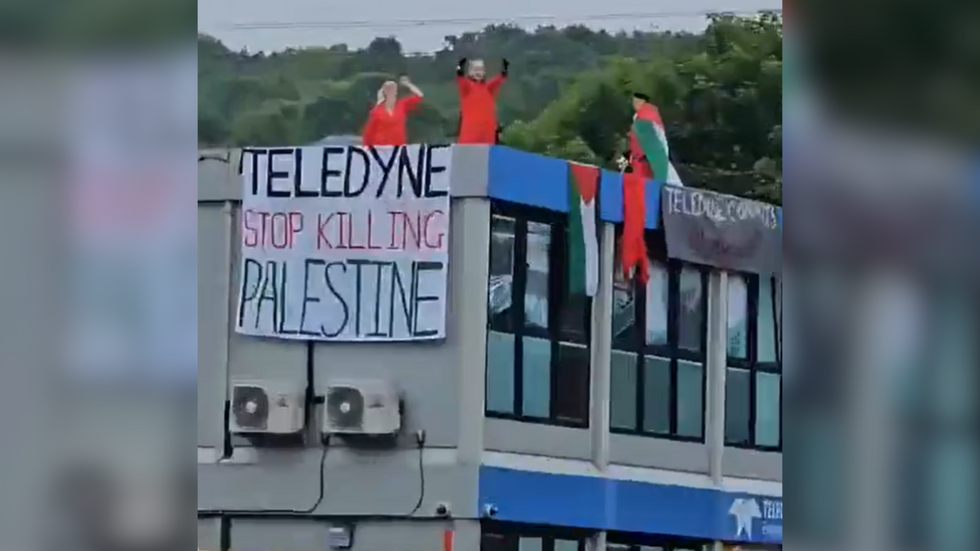 Protesters on Teledyne roof