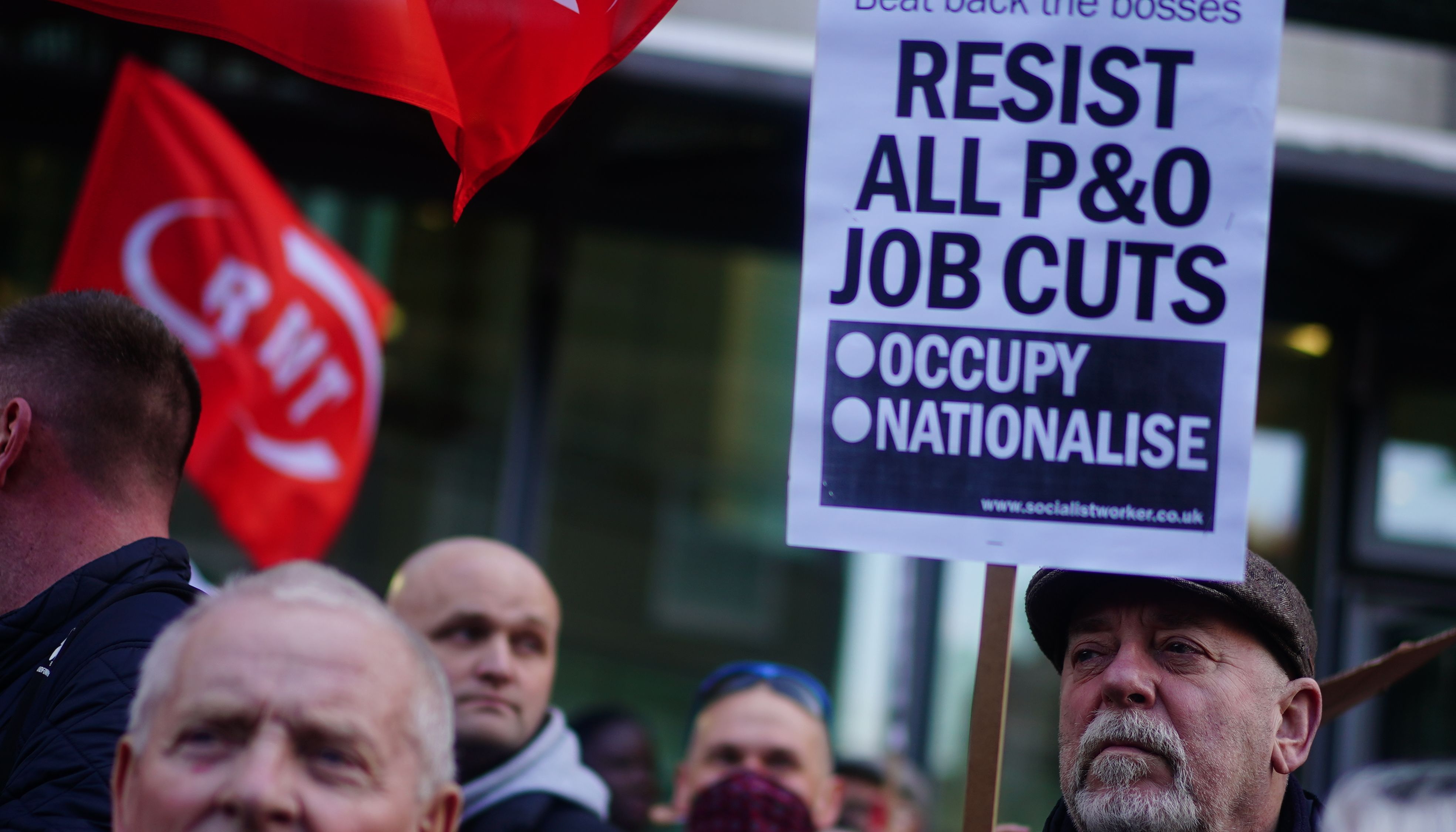 Protesters outside DP World HQ in Victoria, London, after 800 seafarers were handed immediate severance notices. Picture date: Friday March 18, 2022.