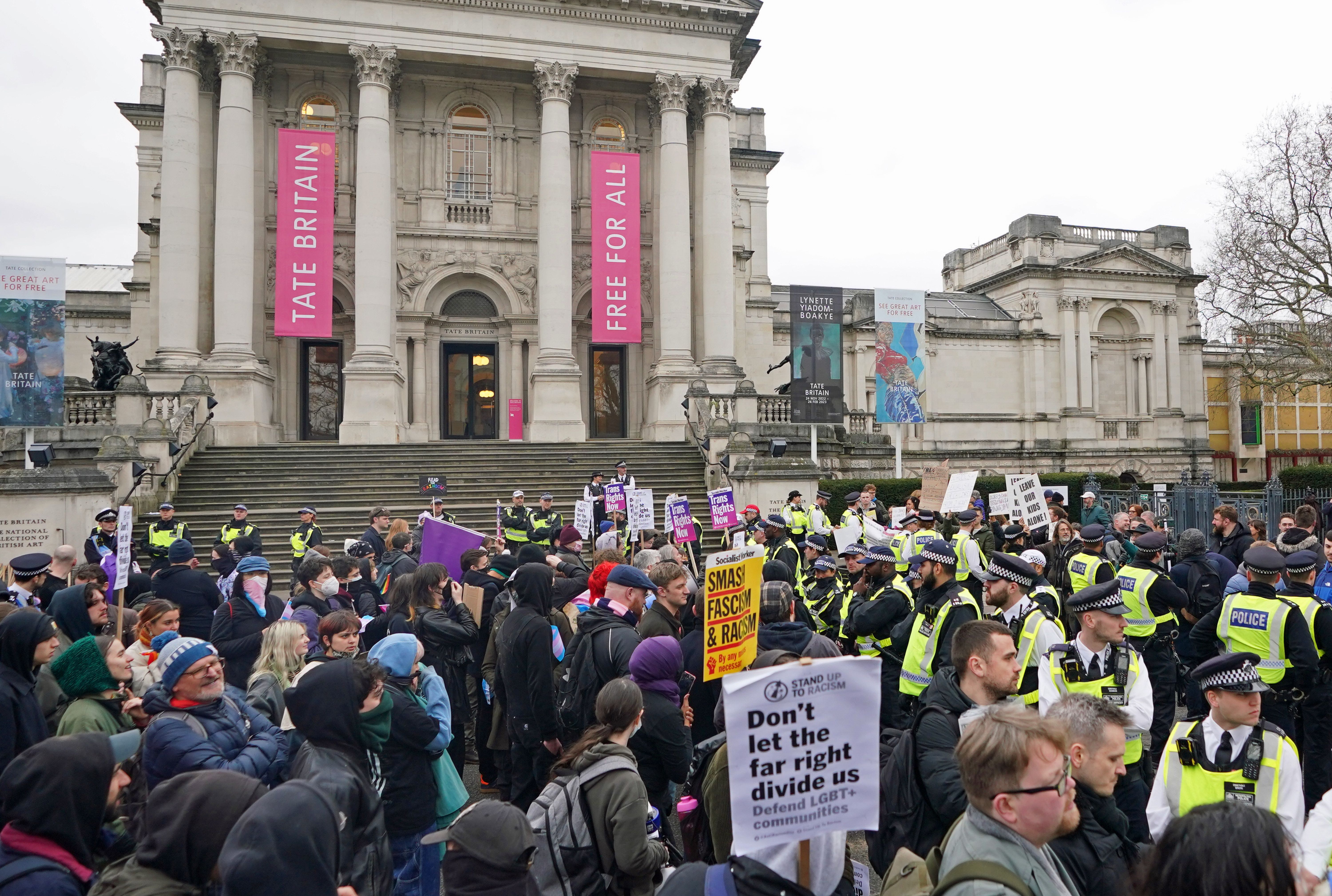 Protesters outside the Tate Britain, which is hosting 'Drag Queen Story Hour UK' with tales told by Aida H Dee, who the gallery's website describes as %22the first drag artist in Europe to read stories to children in a nursery%22. Writing on twitter, the drag queen said the day had been %22proper emotional%22, adding that five protesters had gained entry to the Tate and %22caused a disruption%22 in parts of the building, but they did not affect the readings. Picture date: Saturday February 11, 2023.