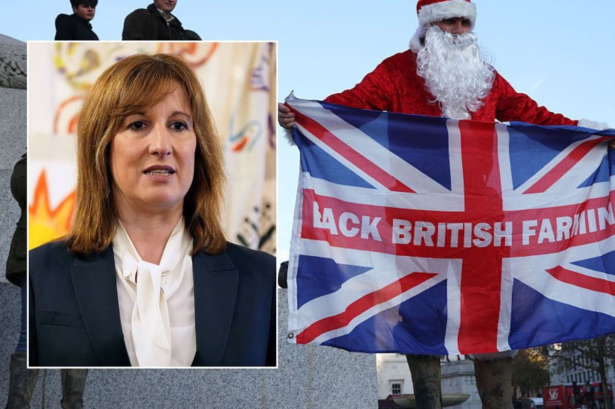 Protestor in Santa constume and Rachel Reeves