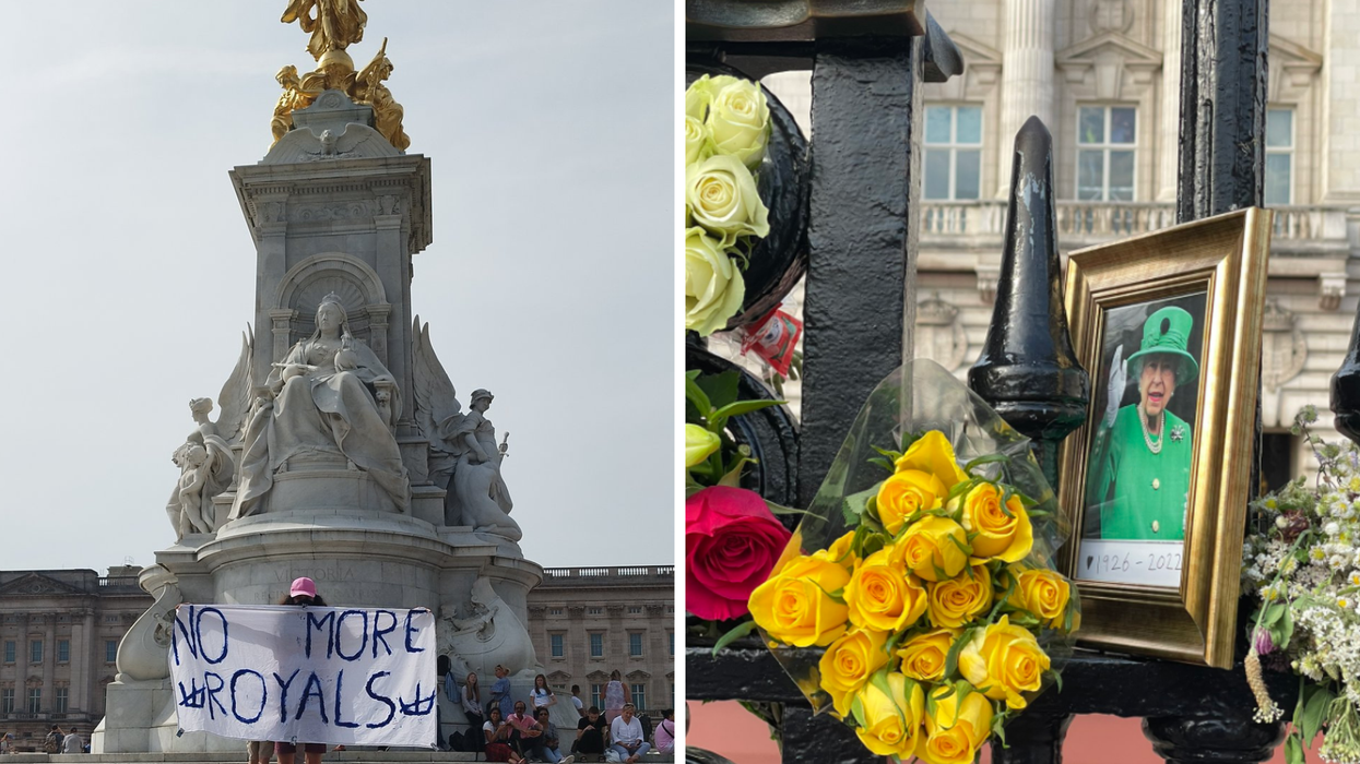 Protestor with banner and flowers for the late Queen composite