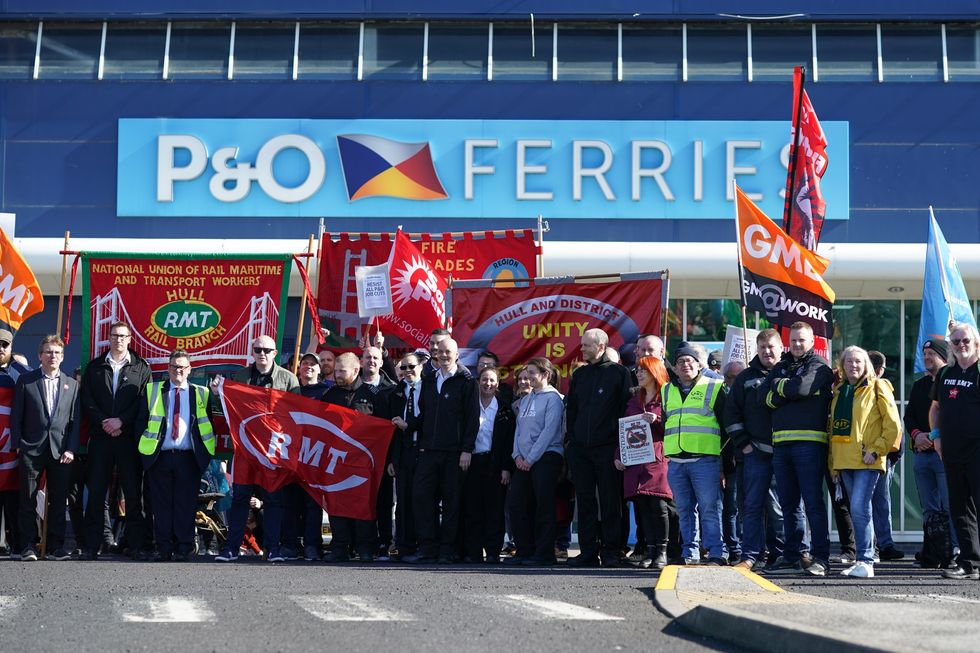 Protestors gather outside the Port of Hull to demonstrate against P&O Ferries on March 18, 2022