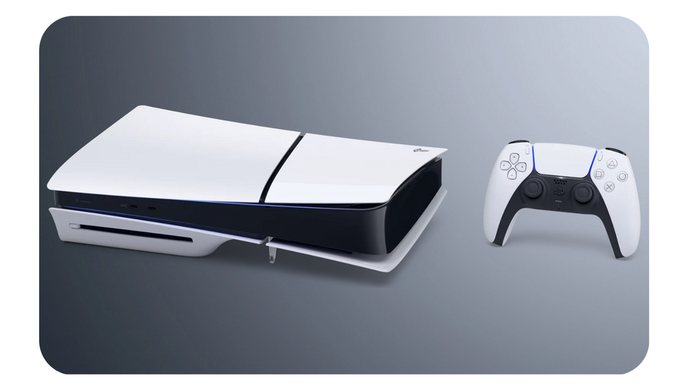 ps5 slim model console pictured lying on its side with a controller beside it with a grey background