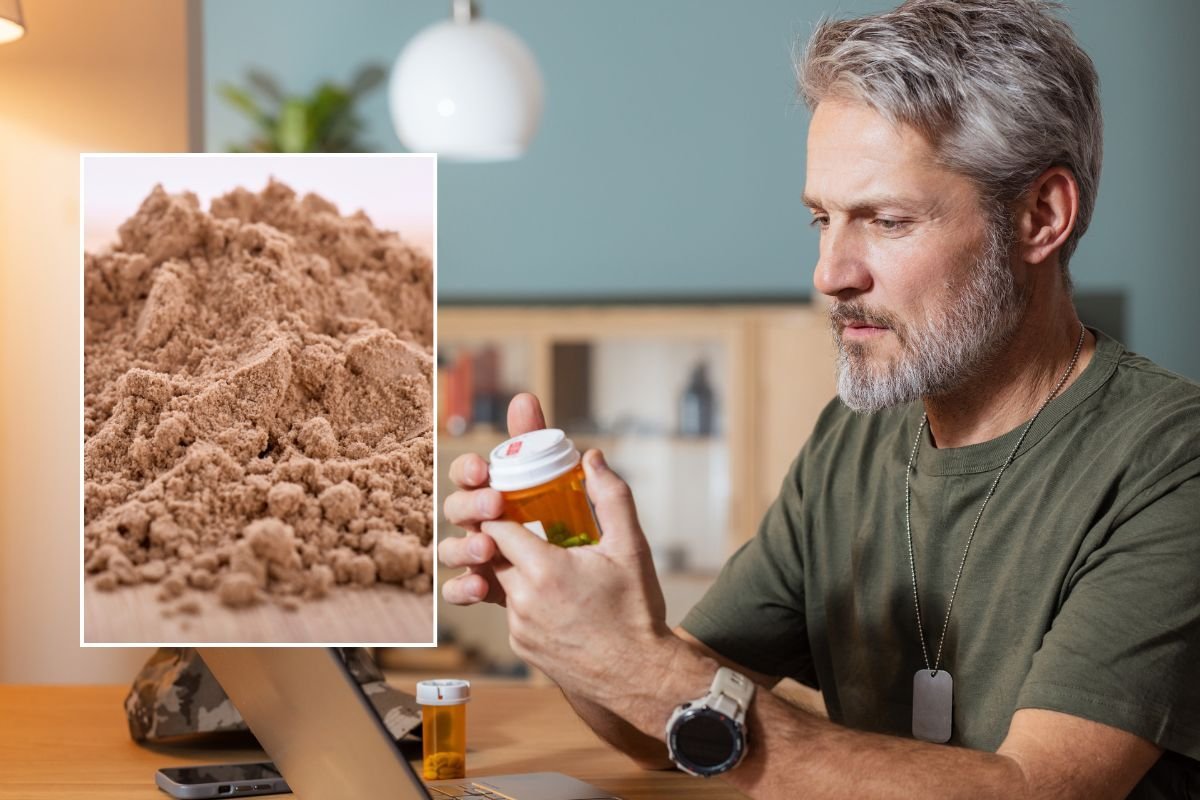 psyllium husk and man holding pills