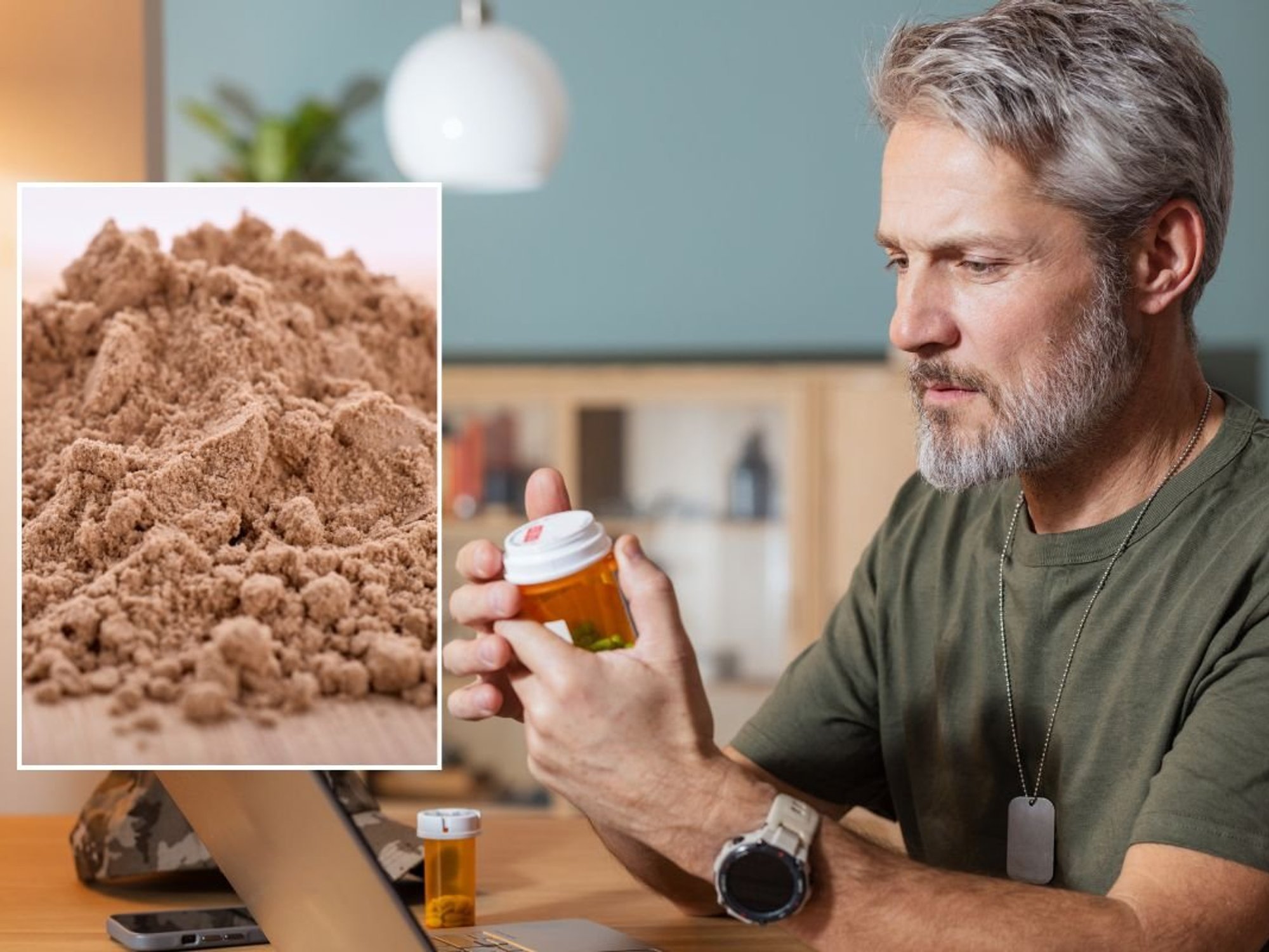 psyllium husk and man holding pills