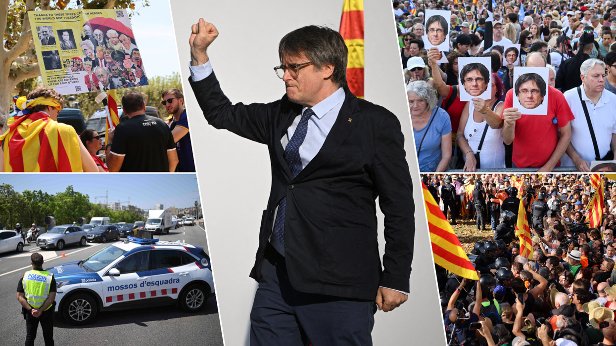 Puigdemont/crowds in Barcelona/Spanish police locking down roads