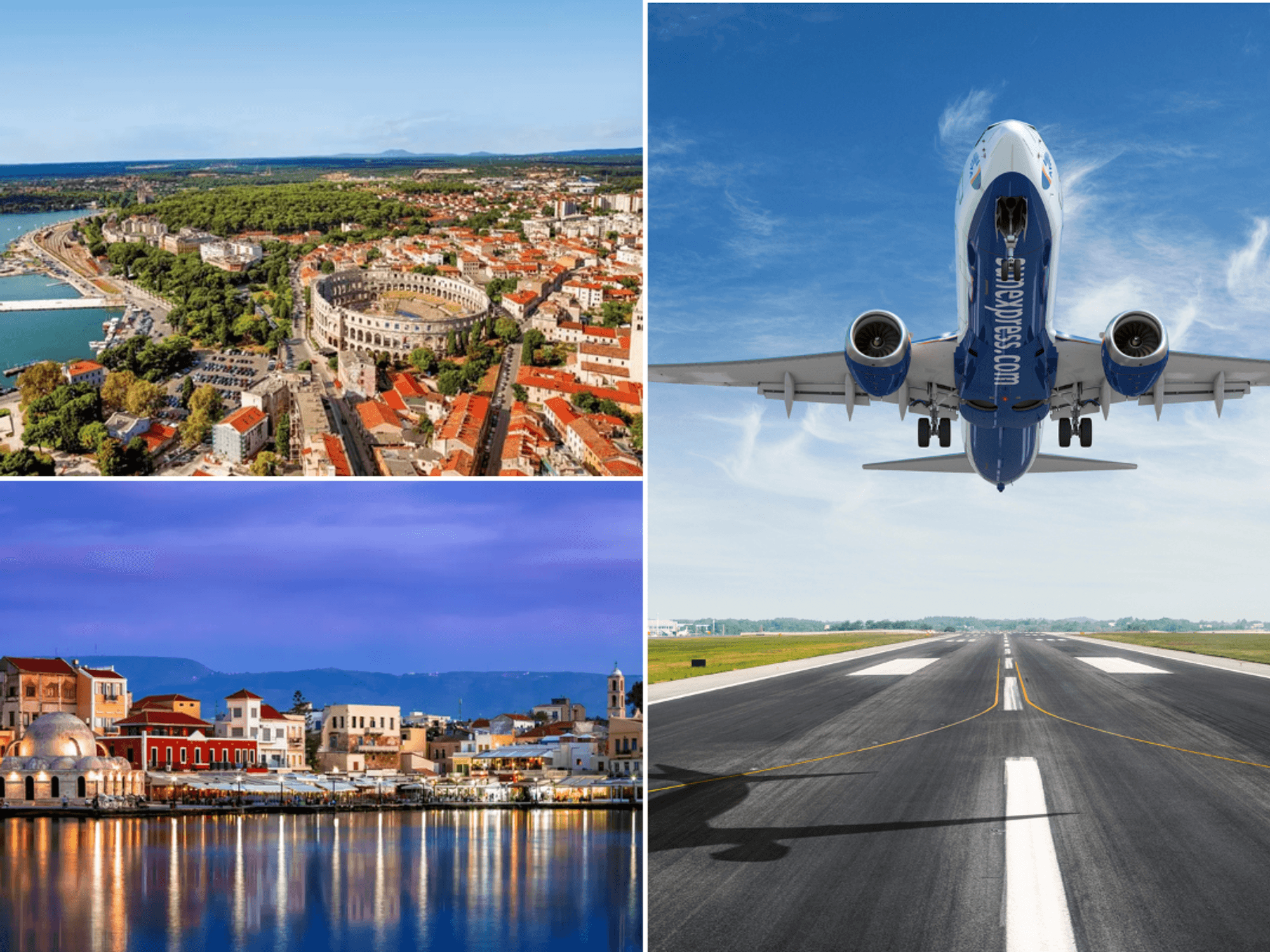 Pula, Croatia / The harbour of Chania in Crete / SunExpress plane taking off