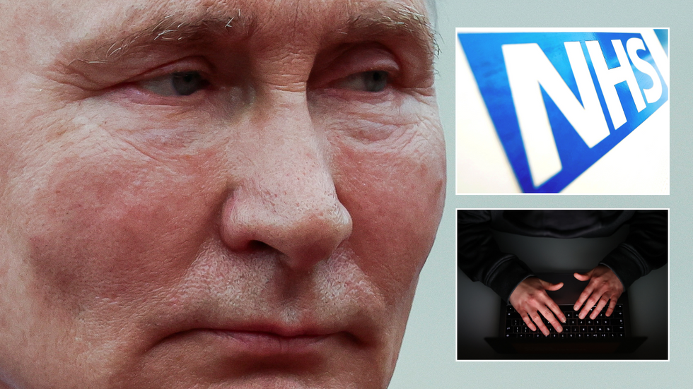 Putin/NHS logo/Hacker stock image