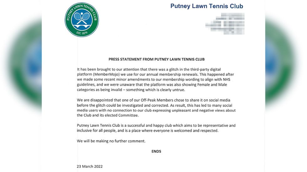 Putney Lawn Tennis Club responded in a statement on their Facebook Page