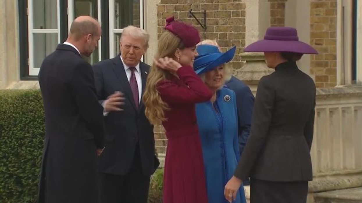 Queen Camilla dons silk Fiona Clare dress in royal blue to welcome the Trumps to Windsor