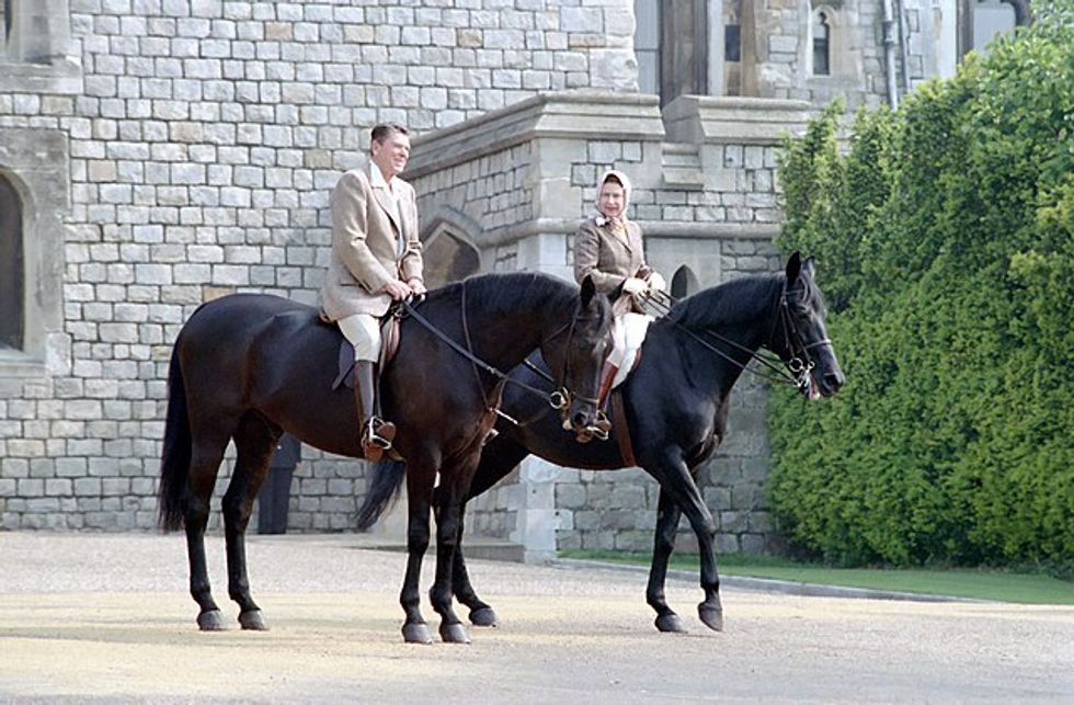 Queen Elizabeth and President Ronald Reagan riding two of the royal horses at Windsor Castle