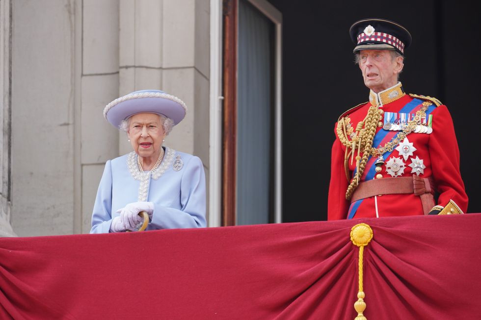 Queen Elizabeth II and the Duke of Kent watch from the balcony during the Trooping the Colour
