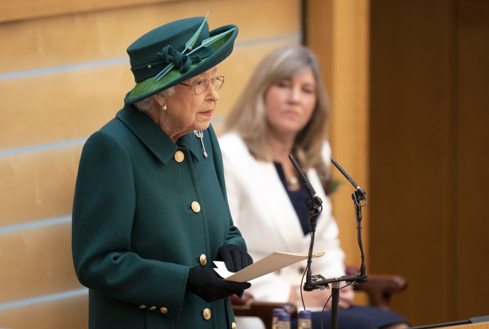 Queen Elizabeth II delivers a speech in the debating chamber of the Scottish Parliament in Edinburgh to mark the official start of the sixth session of Parliament.