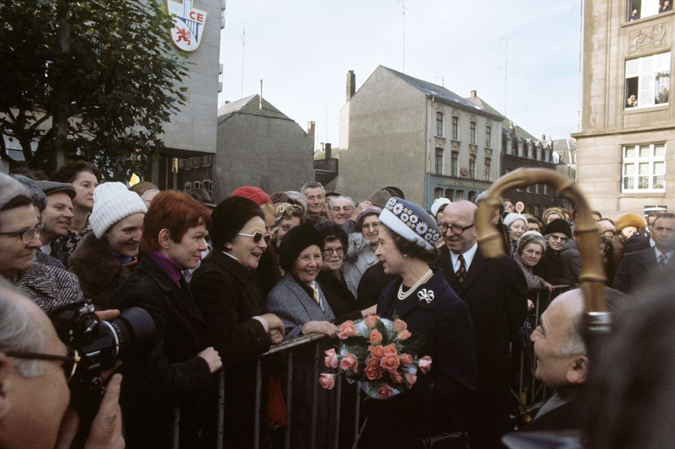 Queen Elizabeth II meeting people in Esch-sur-Alzette, Luxembourg.