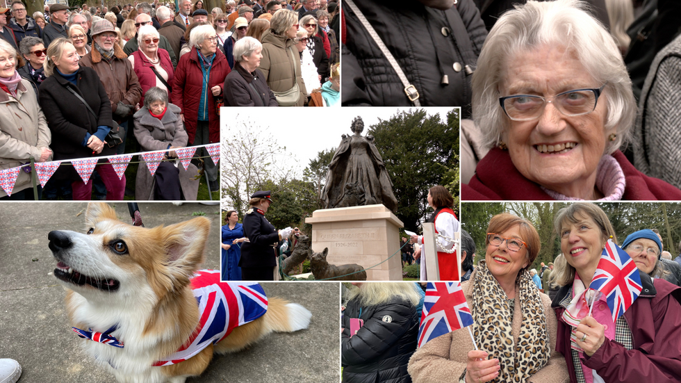 Queen Elizabeth II statue unveiling, crowds gathered, corgi
