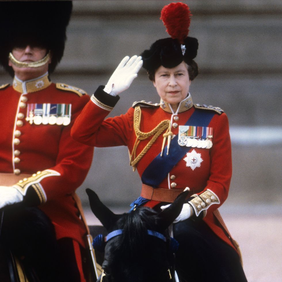 Queen Elizabeth II taking the salute of the Household Guards regiments during the Trooping of the Colour ceremony in London in 1985