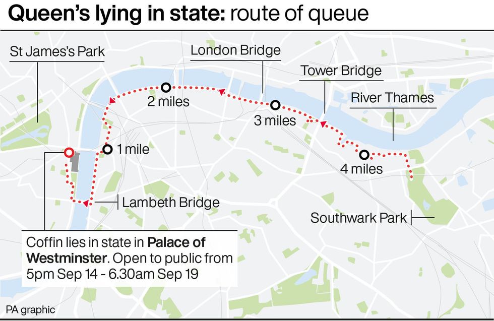 Queen's lying in state: route of queue. Updated following additional information from the Department for Digital, Culture, Media and Sport. Embargoed to 2200 Tuesday September 13. See story DEATH Queen. Infographic PA Graphics. An editable version of this graphic is available if required. Please contact graphics@pamediagroup.com.