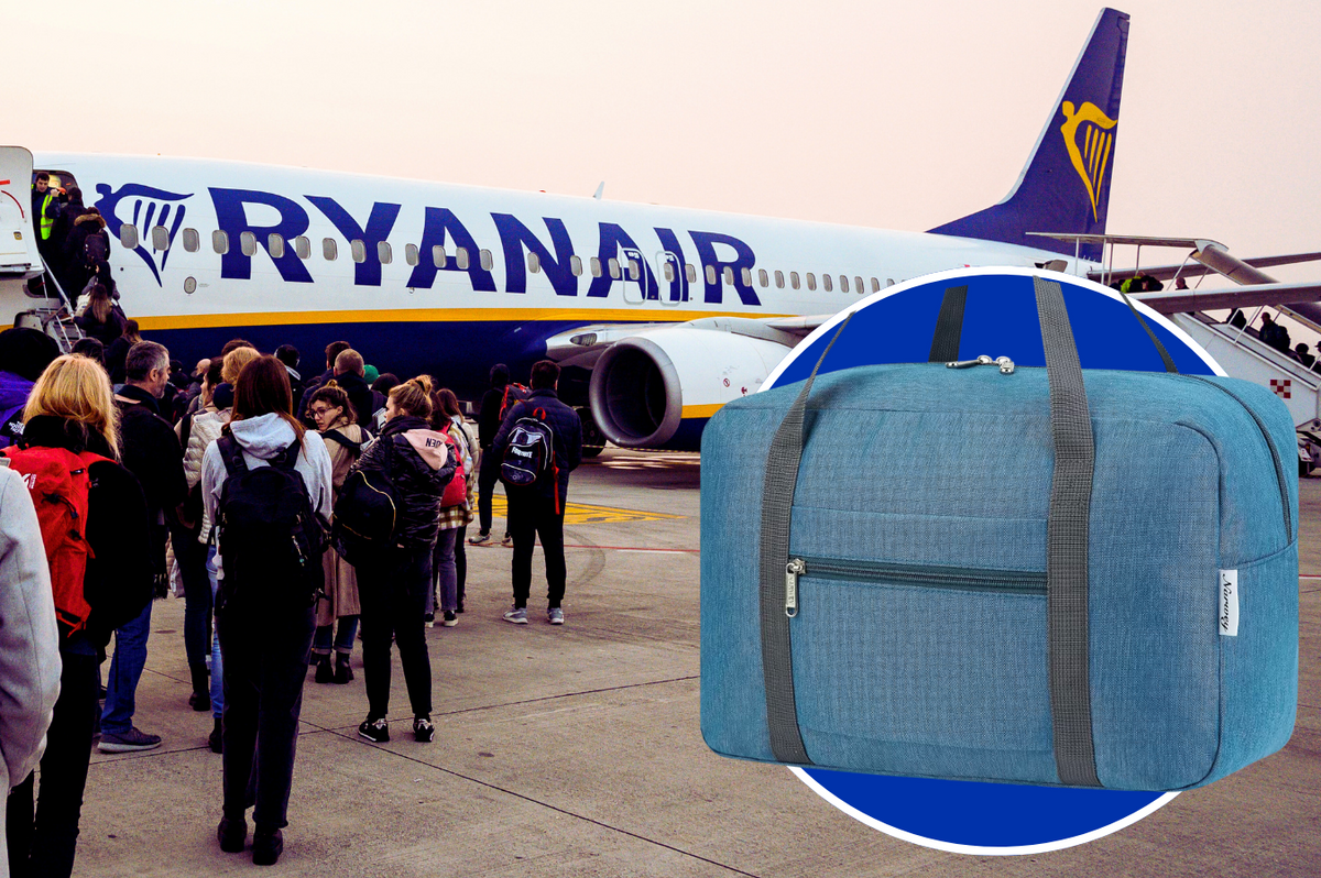 queue of passengers waiting to board a ryanair flight with the narwey viral ryanair cabin bag that fits the exact underseat dimensions  