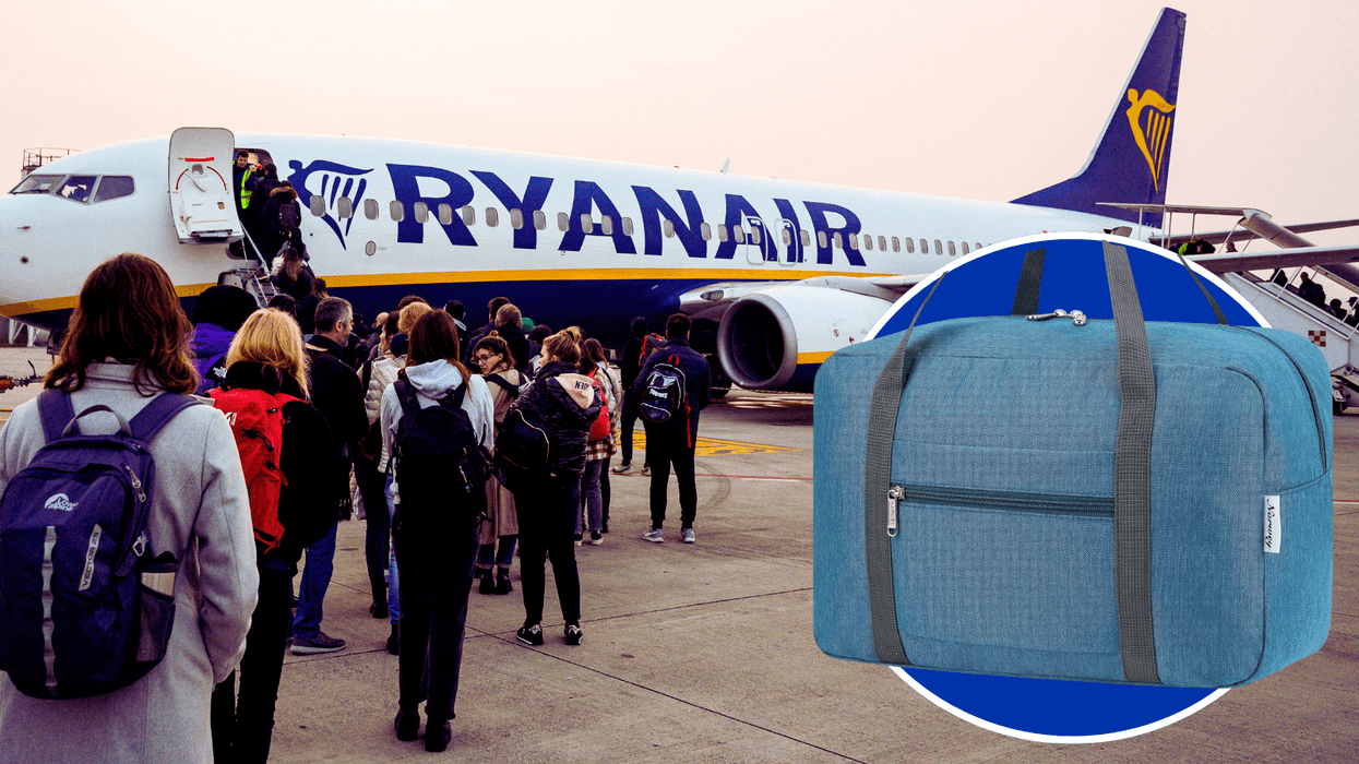 queue of passengers waiting to board a ryanair flight with the narwey viral ryanair cabin bag that fits the exact underseat dimensions