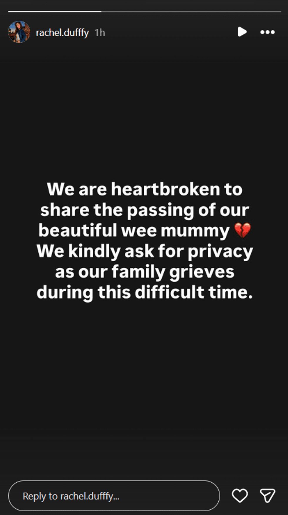 Rachel Duffy's Instagram story on Tuesday