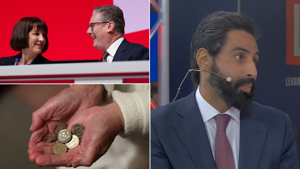 Rachel Reeves, a pensioner holding pennies and Jeevun Sandher