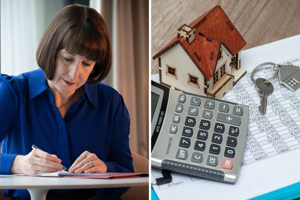Rachel Reeves and calculator, door key, finances and model of house in pictures