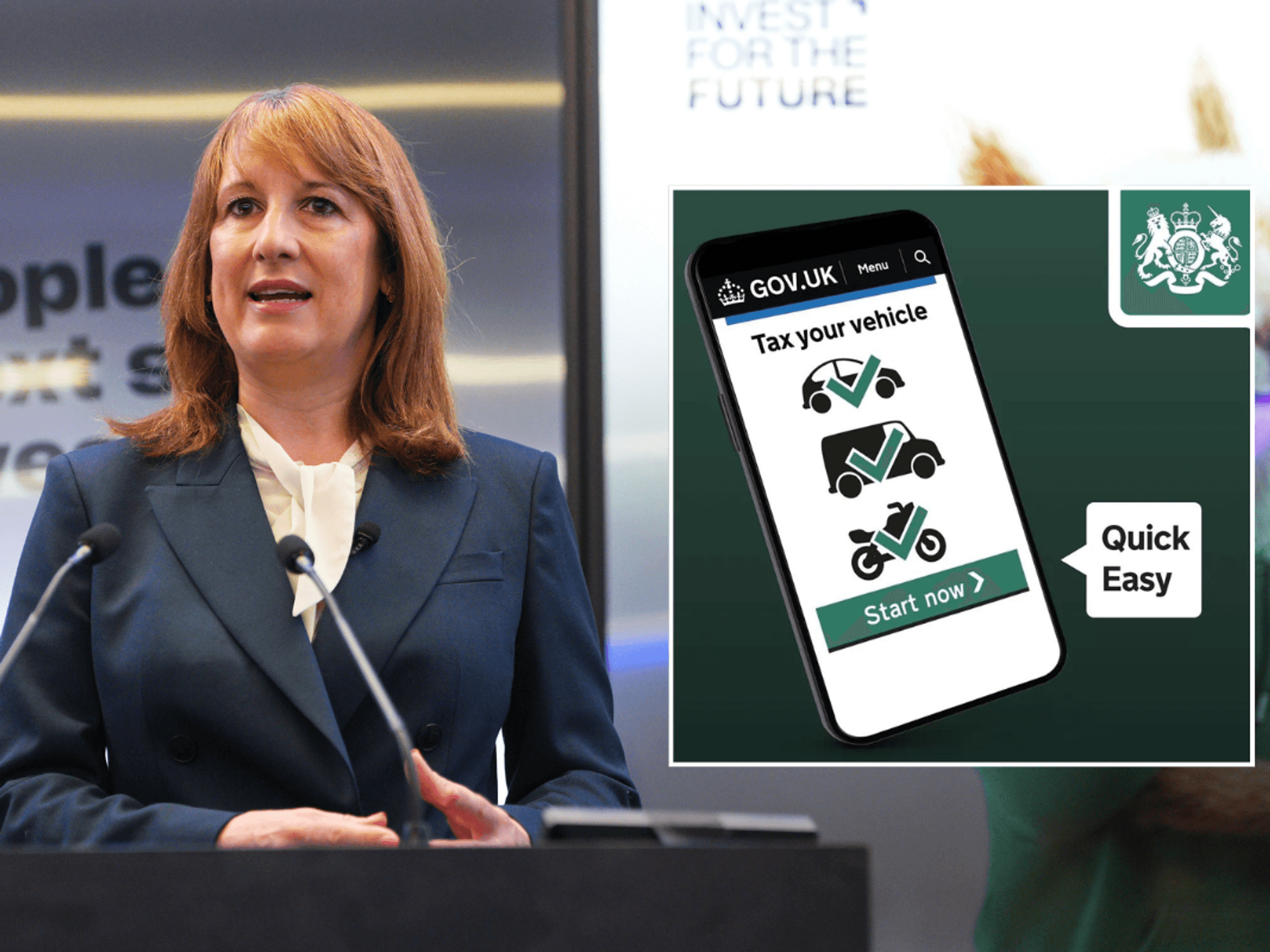 Rachel Reeves and car tax sign