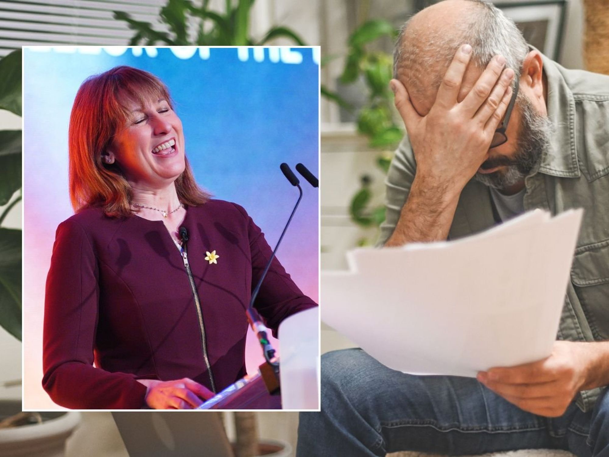 Rachel Reeves and man looking at payslip