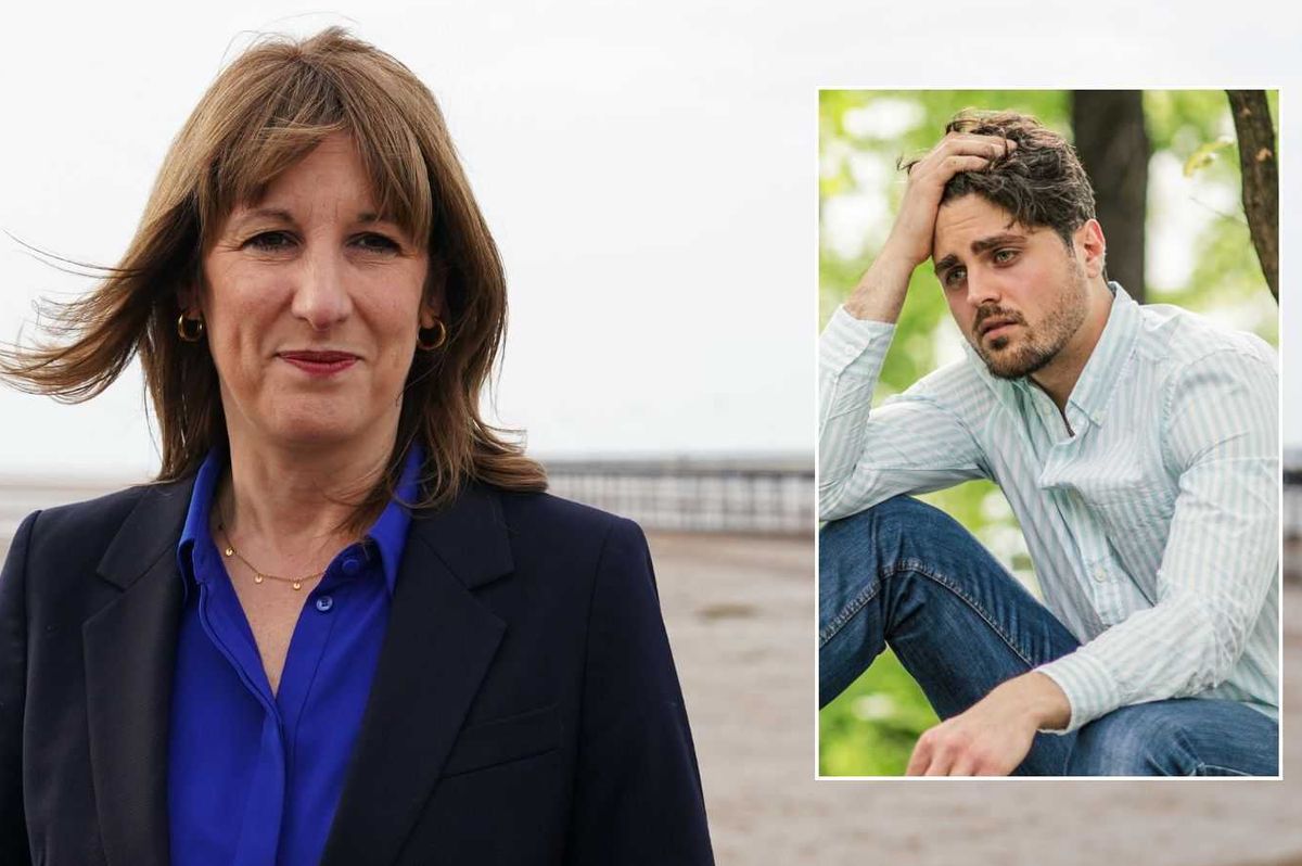 Rachel Reeves and man looking worried