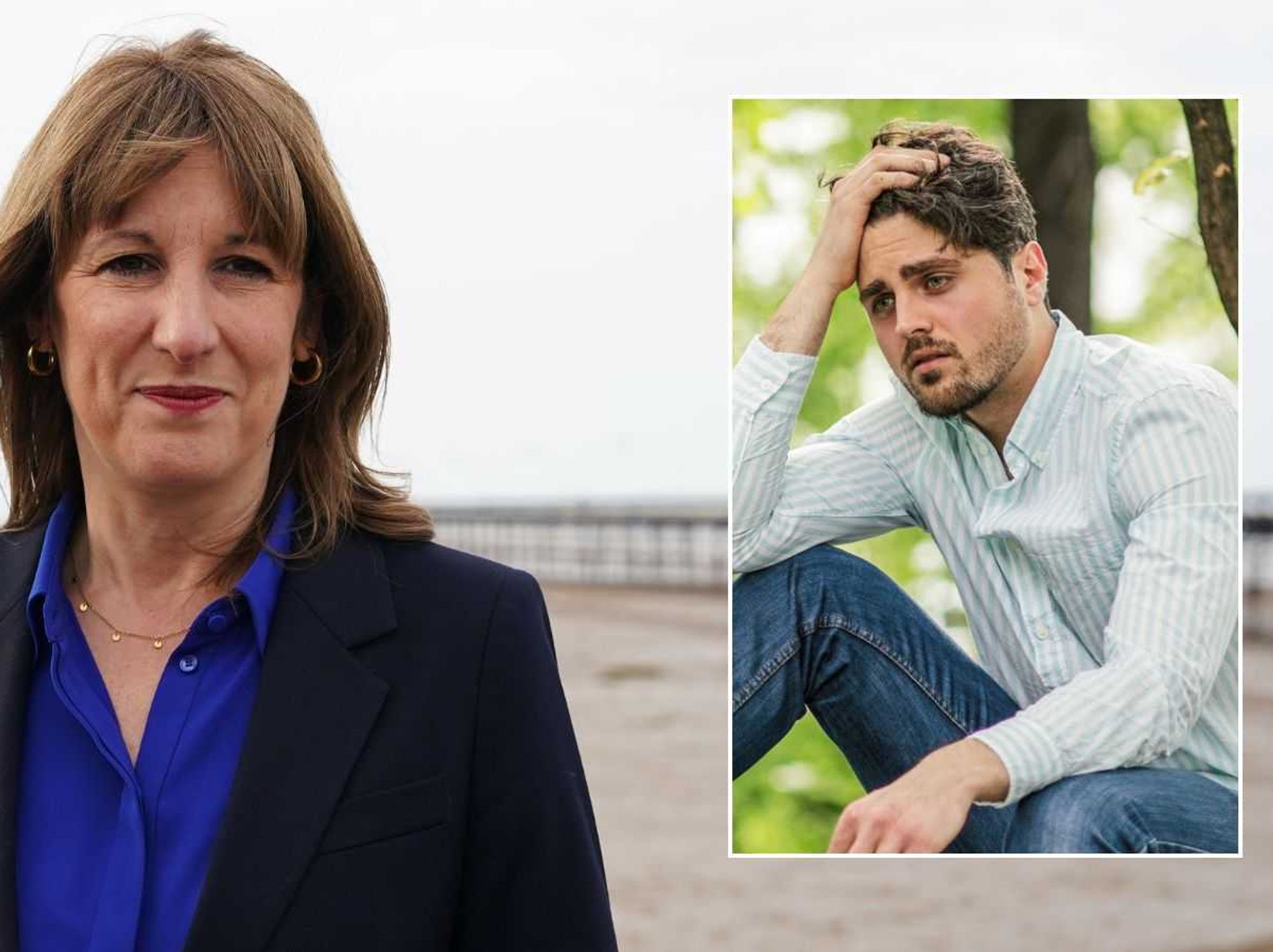Rachel Reeves and man looking worried