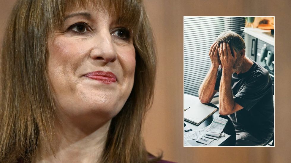 Rachel Reeves and man looking worried