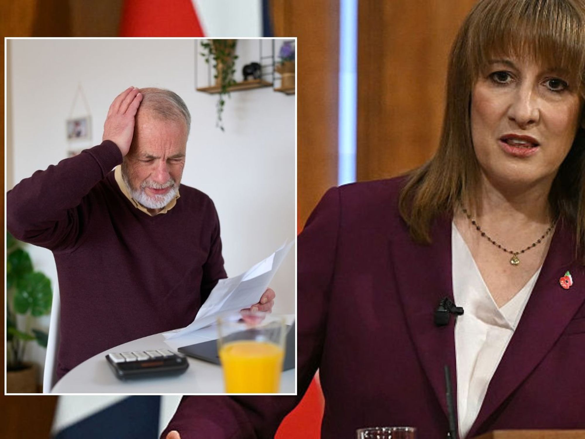 Rachel Reeves and man looking worried