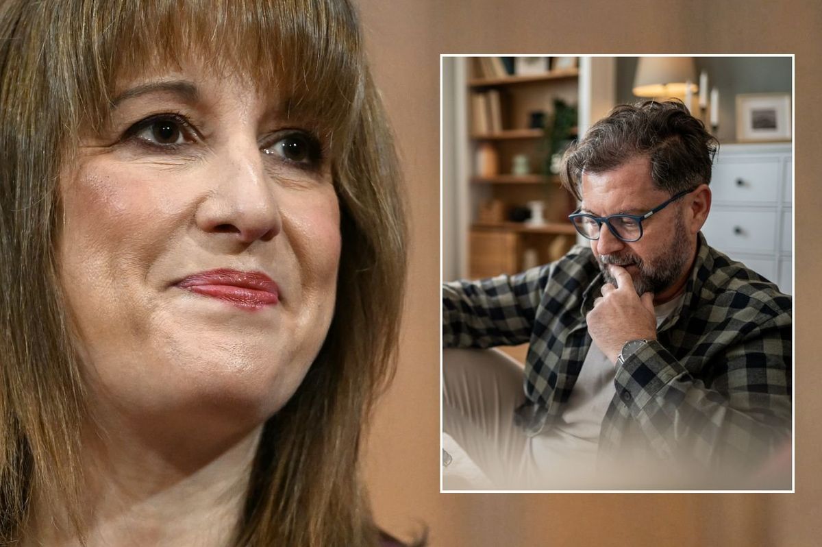 Rachel Reeves and man looking worried