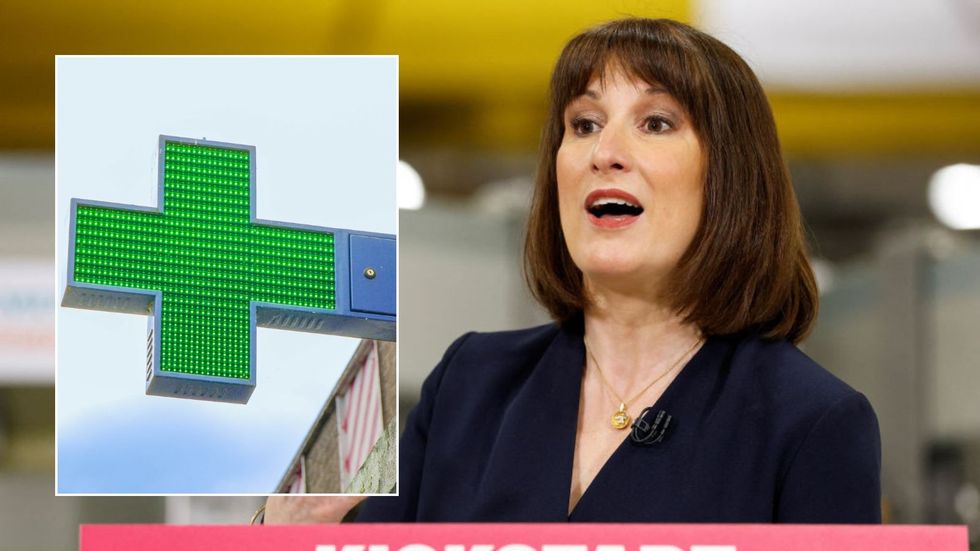 Rachel Reeves and pharmacy sign