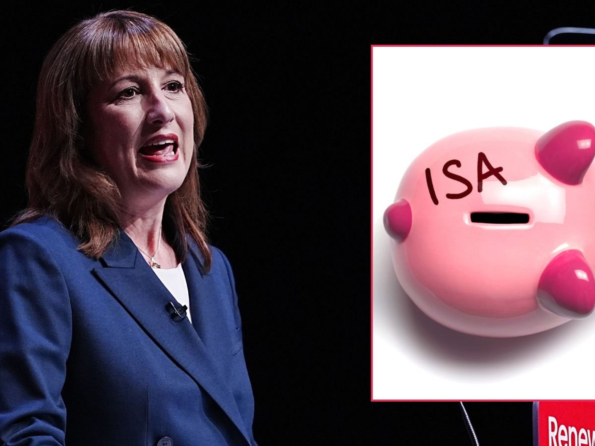 Rachel Reeves and piggy bank with ISA written on it